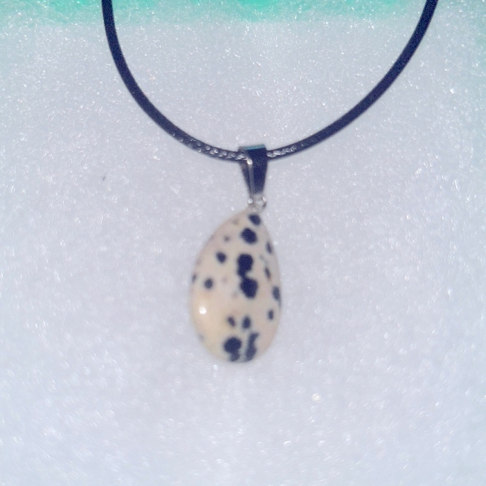 Boho Dalmatian Jasper Crystal Black Cord Necklace 18-20”